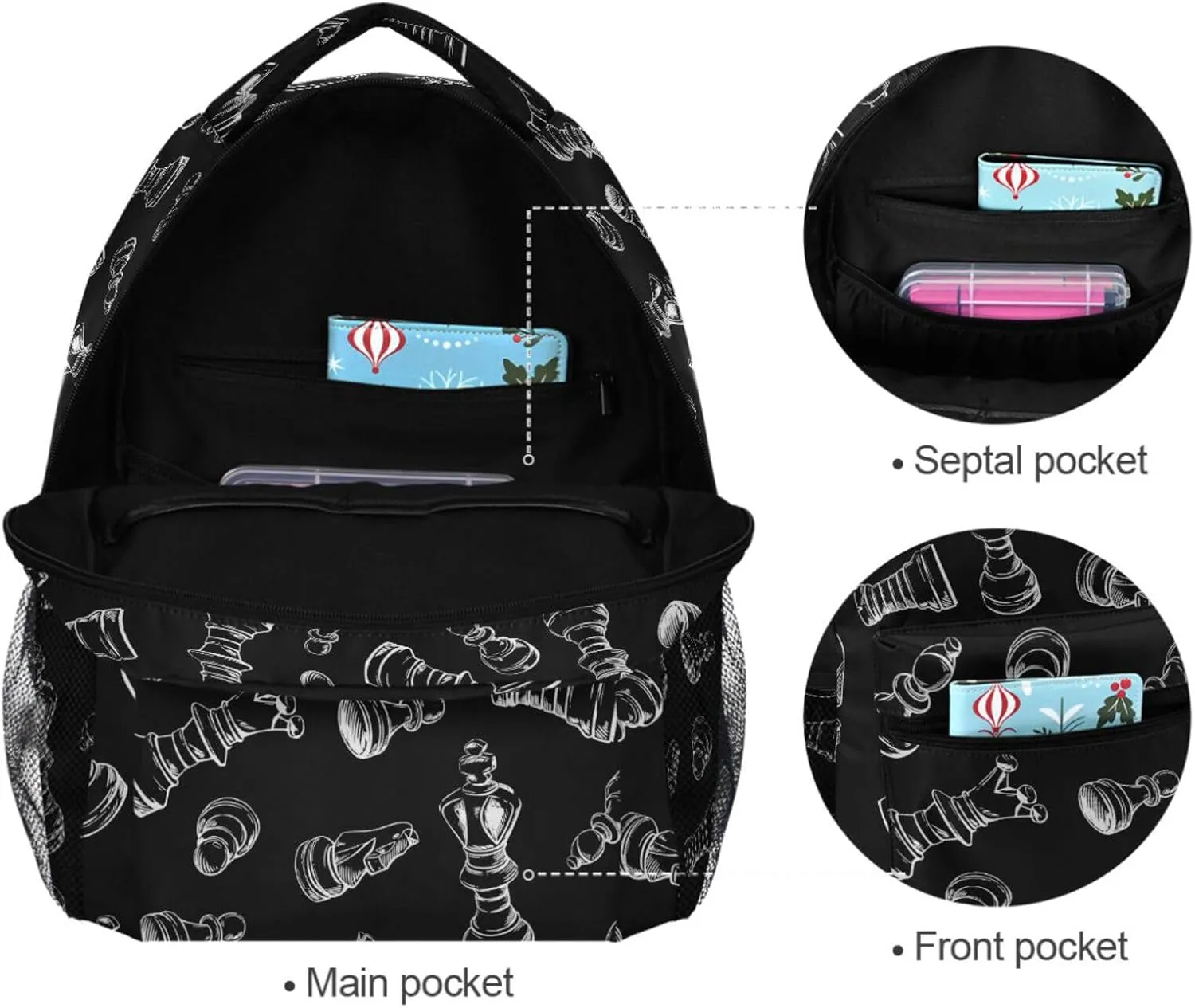 Backpack Black Chess Bookbag Daypack Travel Hiking Camping School Laptop Bag