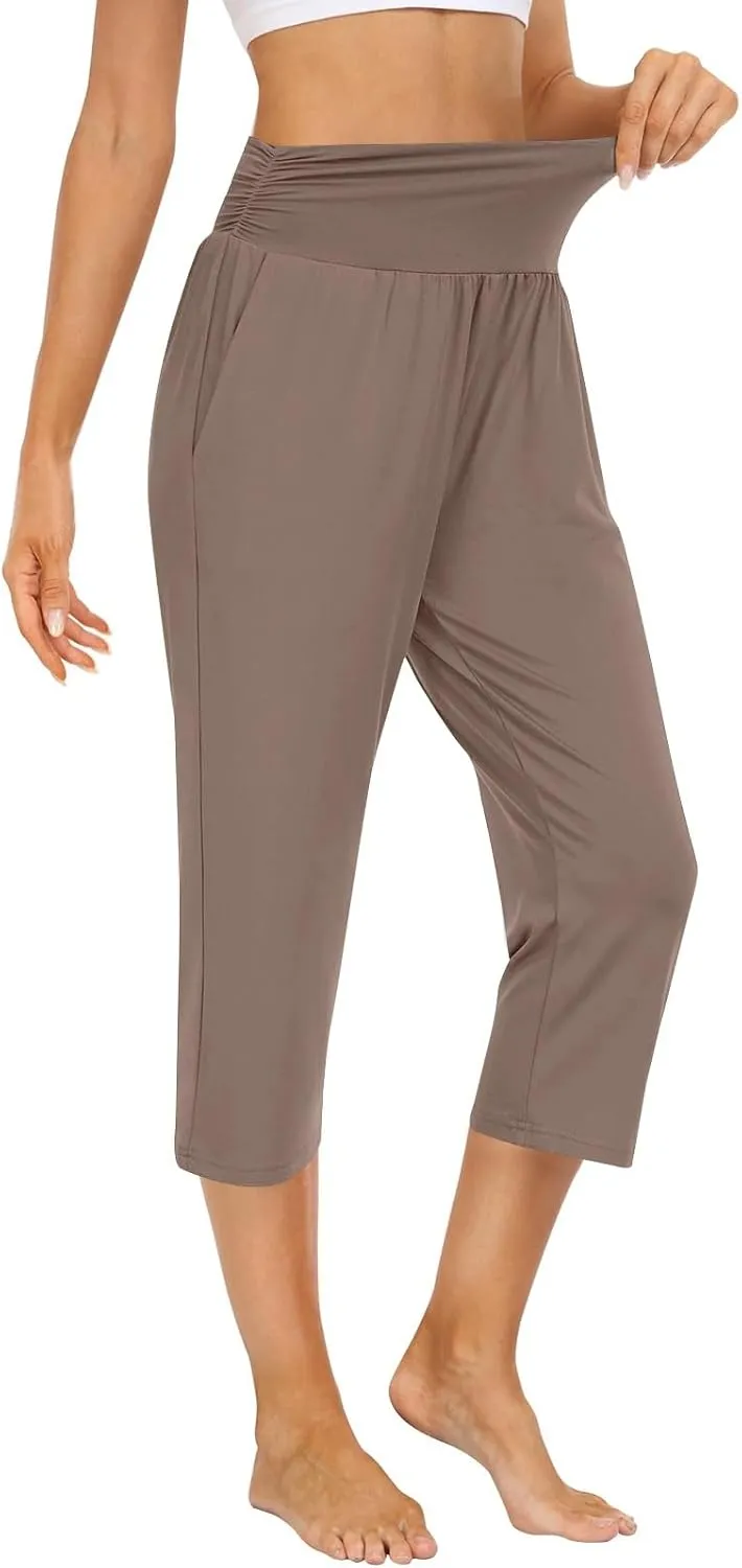 Capri Yoga Pants for Women Plus Size High Waisted Tummy Control Pants Summer Hiking Lightweight Joggers with Pockets