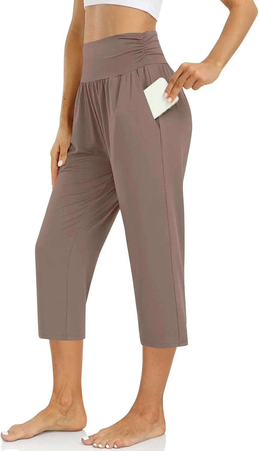 Capri Yoga Pants for Women Plus Size High Waisted Tummy Control Pants Summer Hiking Lightweight Joggers with Pockets