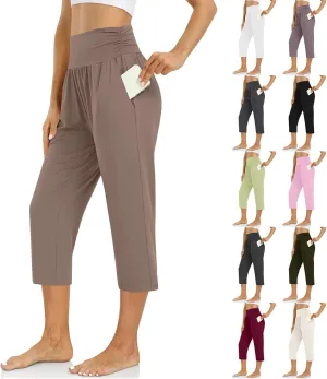 Capri Yoga Pants for Women Plus Size High Waisted Tummy Control Pants Summer Hiking Lightweight Joggers with Pockets