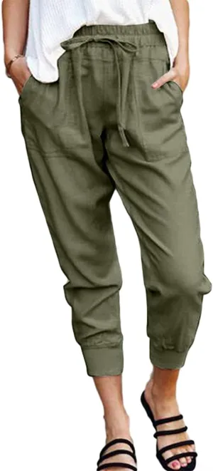 CHARTOU Women's Basic Drawstring Elastic High Waist Tapered Crop Jogger Pants