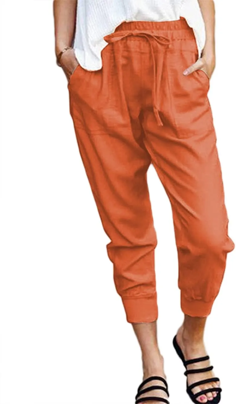 CHARTOU Women's Basic Drawstring Elastic High Waist Tapered Crop Jogger Pants