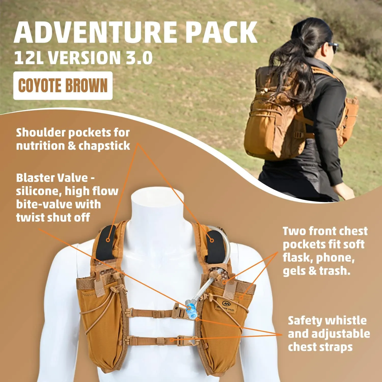 M Orange Mud Adventure Pack 12L, Coyote Brown 3.0
