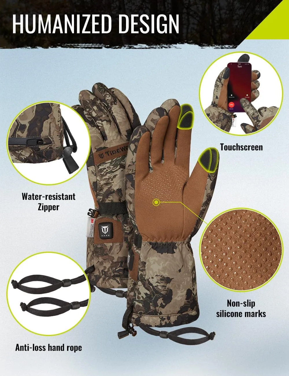 TIDEWE Heated Gloves for Men & Women, Hunting Waterproof Rechargeable Gloves with 2 Battery Packs, 3 Heat Settings, 3M Cotton Insulated for Skiing & Fishing