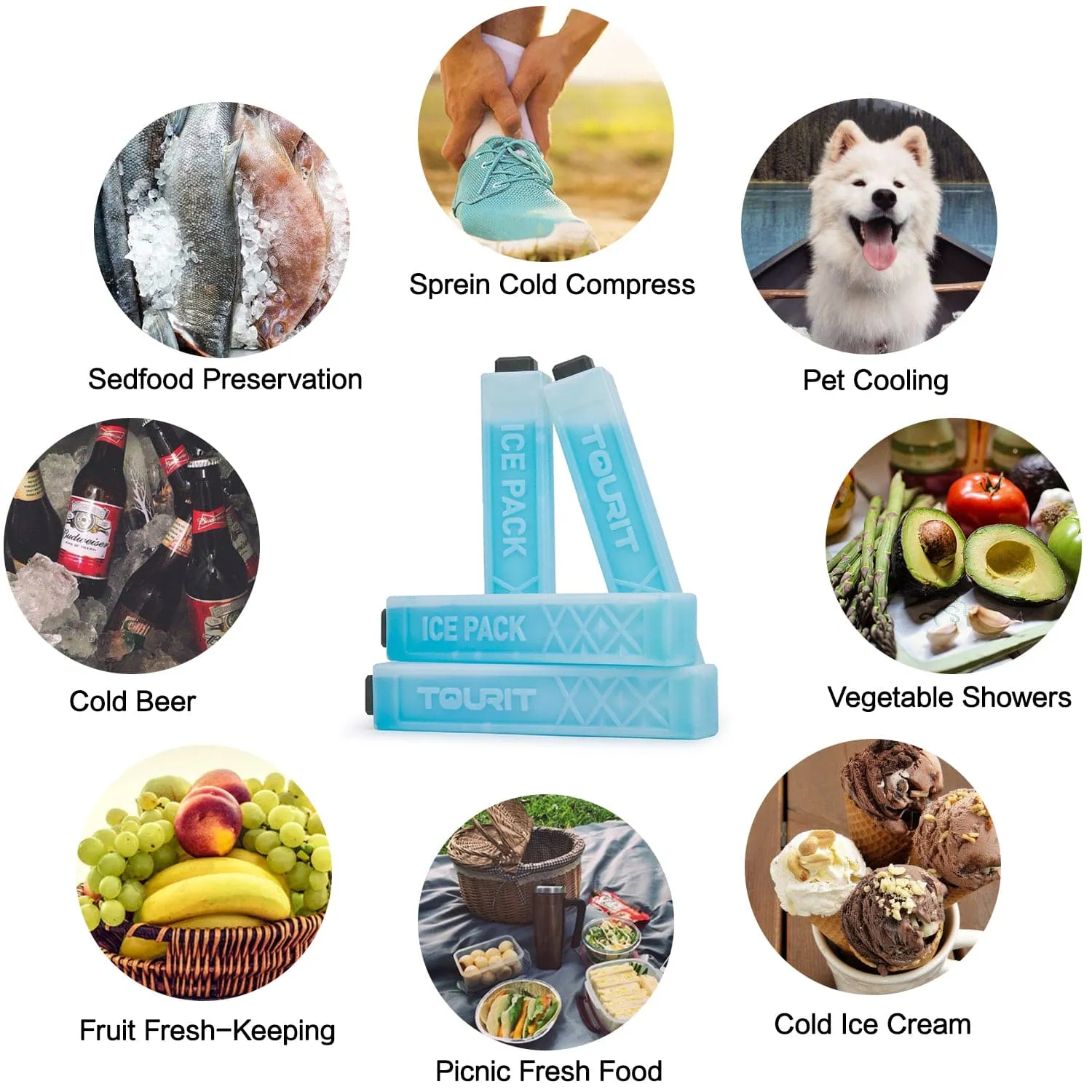TOURIT 4 Pack Reusable Ice Packs for Coolers Long Lasting Cooler Ice Packs for Cooler Bag, Lunch Bags/Box, Cooler Backpacks, Knee Injuries, Back Pain Relief, Blue