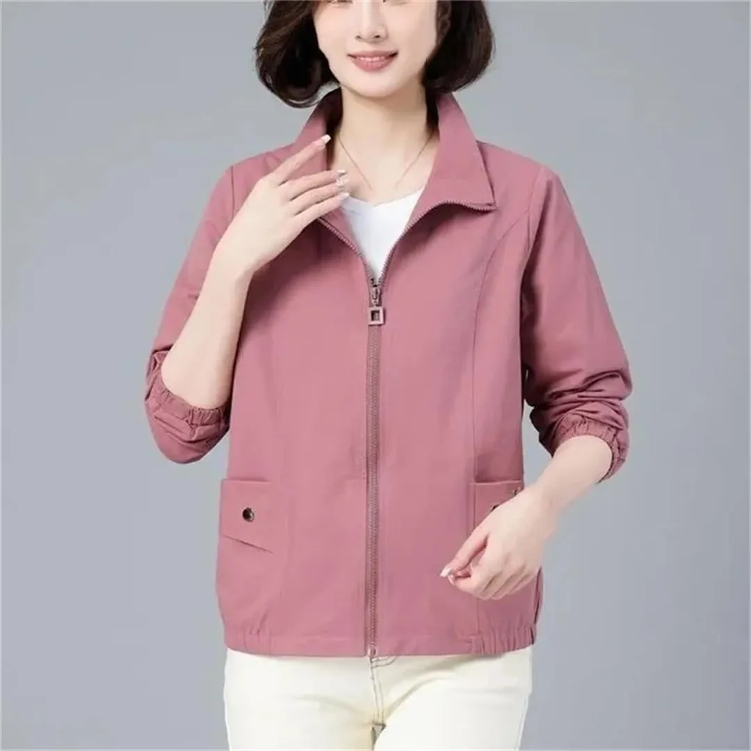 Women COTTON Loose Jackets Stand Collar Zipper Outdoor Trench Coat