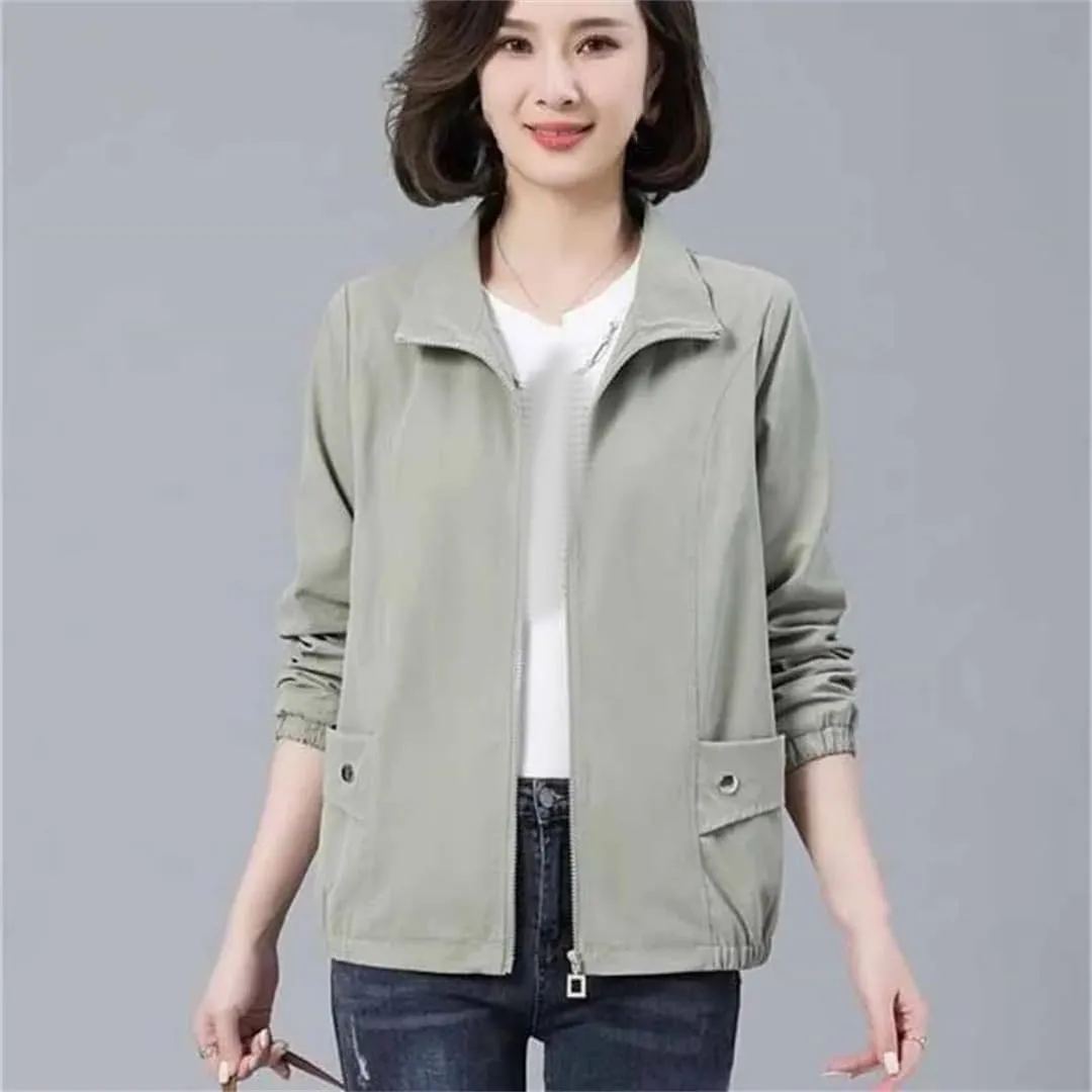 Women COTTON Loose Jackets Stand Collar Zipper Outdoor Trench Coat