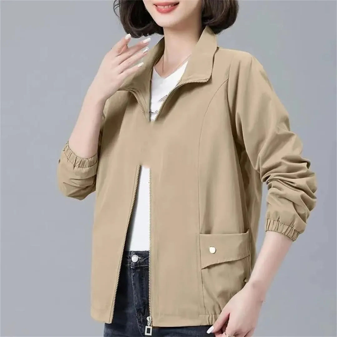 Women COTTON Loose Jackets Stand Collar Zipper Outdoor Trench Coat